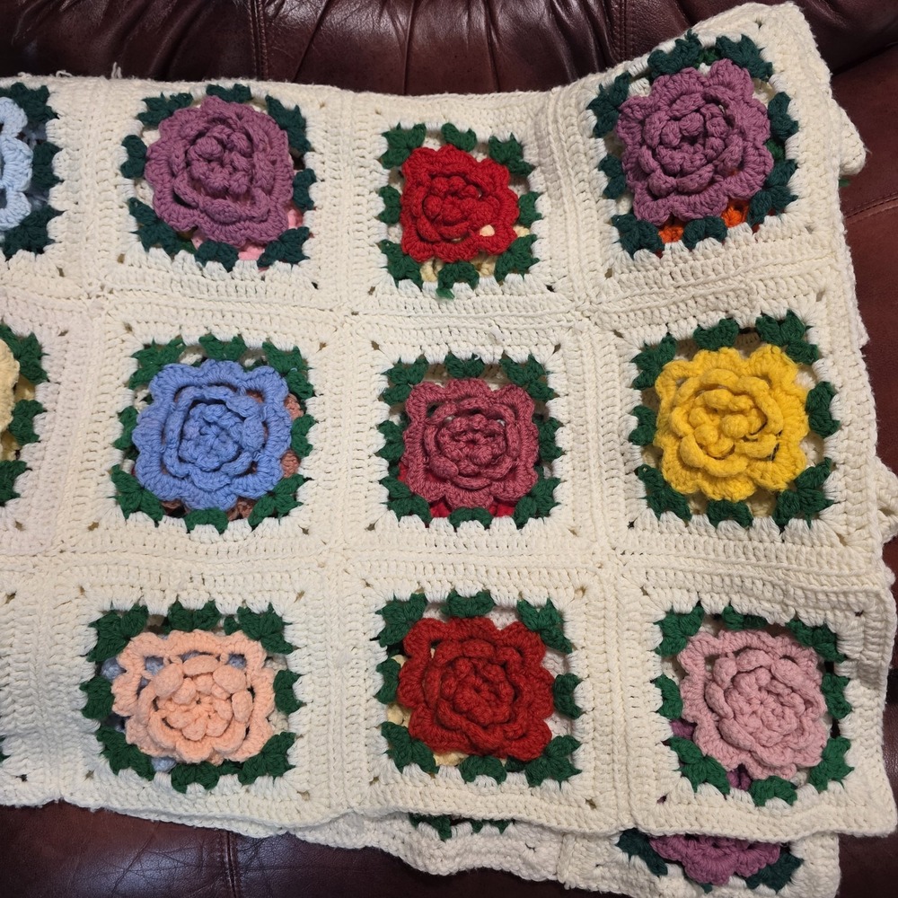 Vintage Crochet 3D Rose Afghan Blanket Granny Square MultiColored Queen 52"x82" - Picture 8 of 8